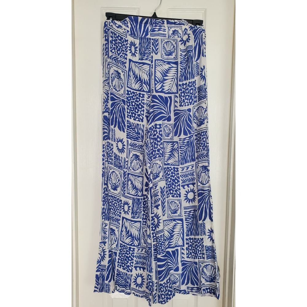 Poeselle Wide Leg Pants Blue White Tropical Shell Print Beach Boho Trousers 6